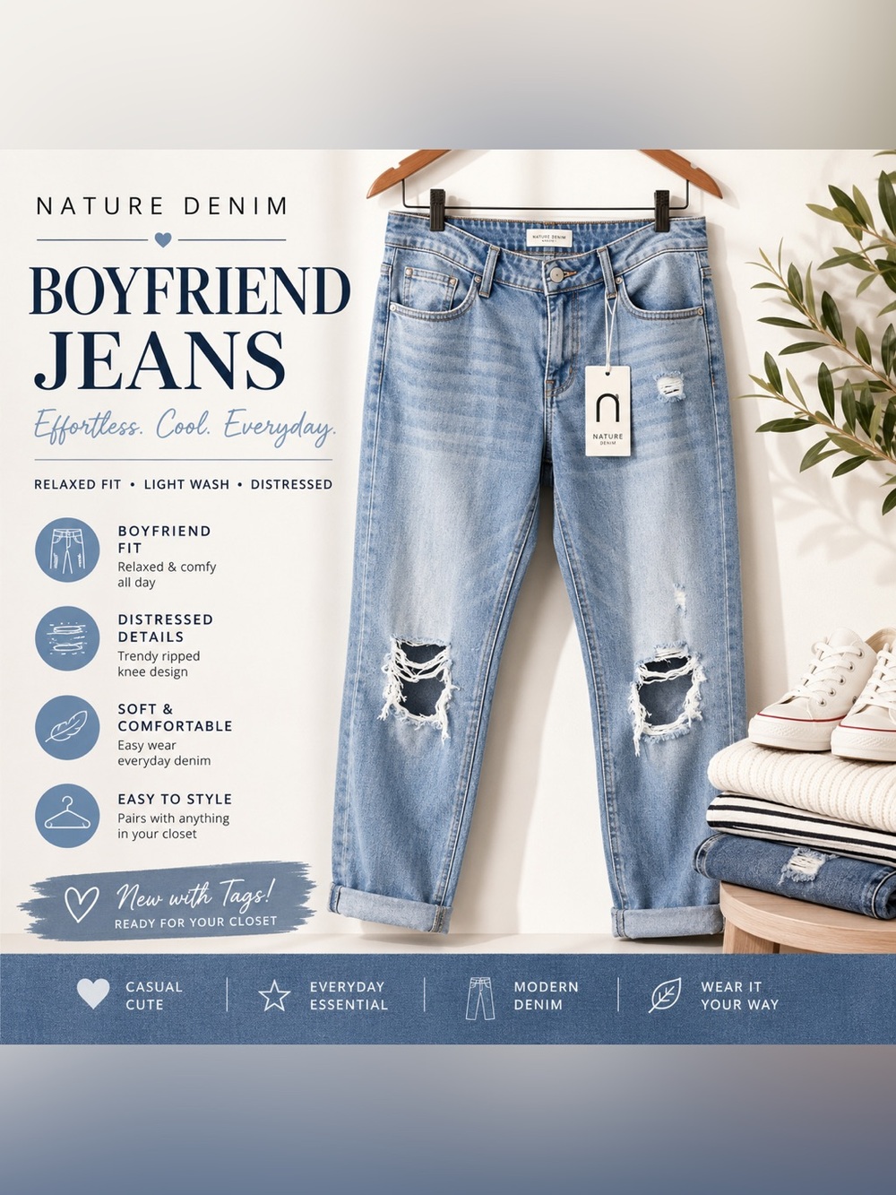 Nature Denim Light Wash Distressed Straight Boyfriend Jeans NWT Coastal Cowgirl